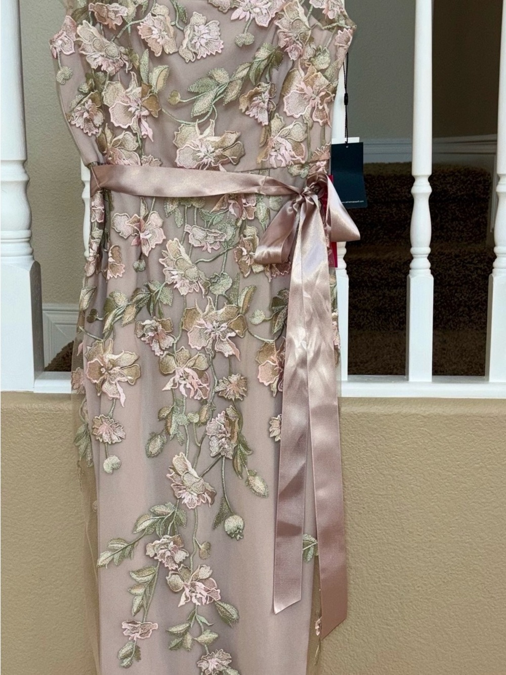Adrianna Papell Blush Pink Floral Embroidered Maxi Dress with Satin Tie